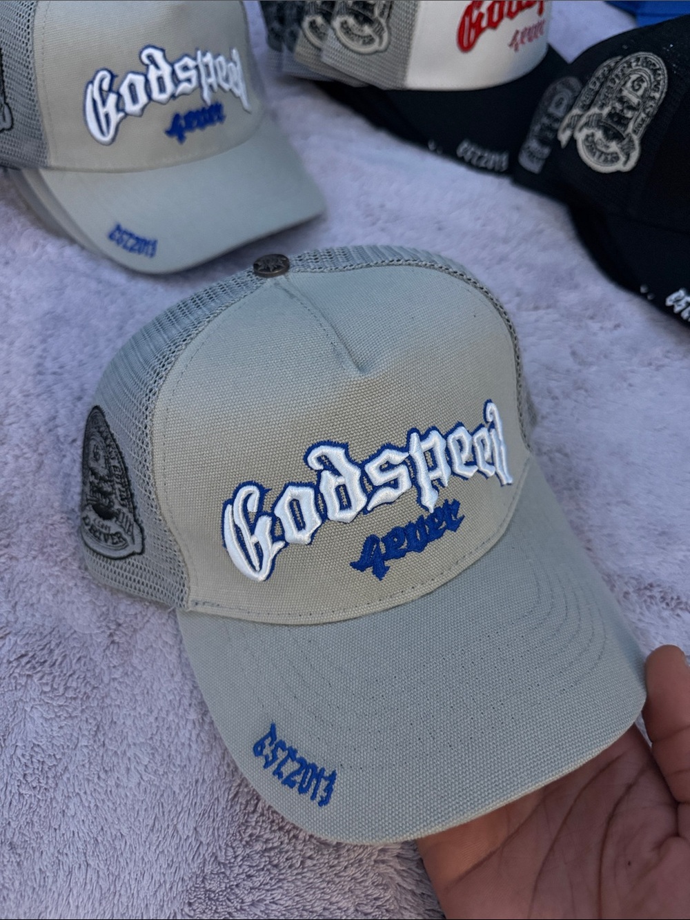 Embroidered Trucker Cap - Light Gray with Blue Accents